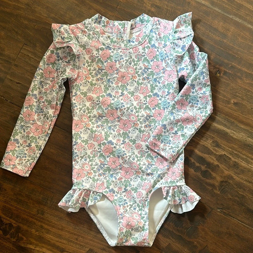 Kids Long-Sleeve Floral Ruffle One-Piece Swimsuit - Pink